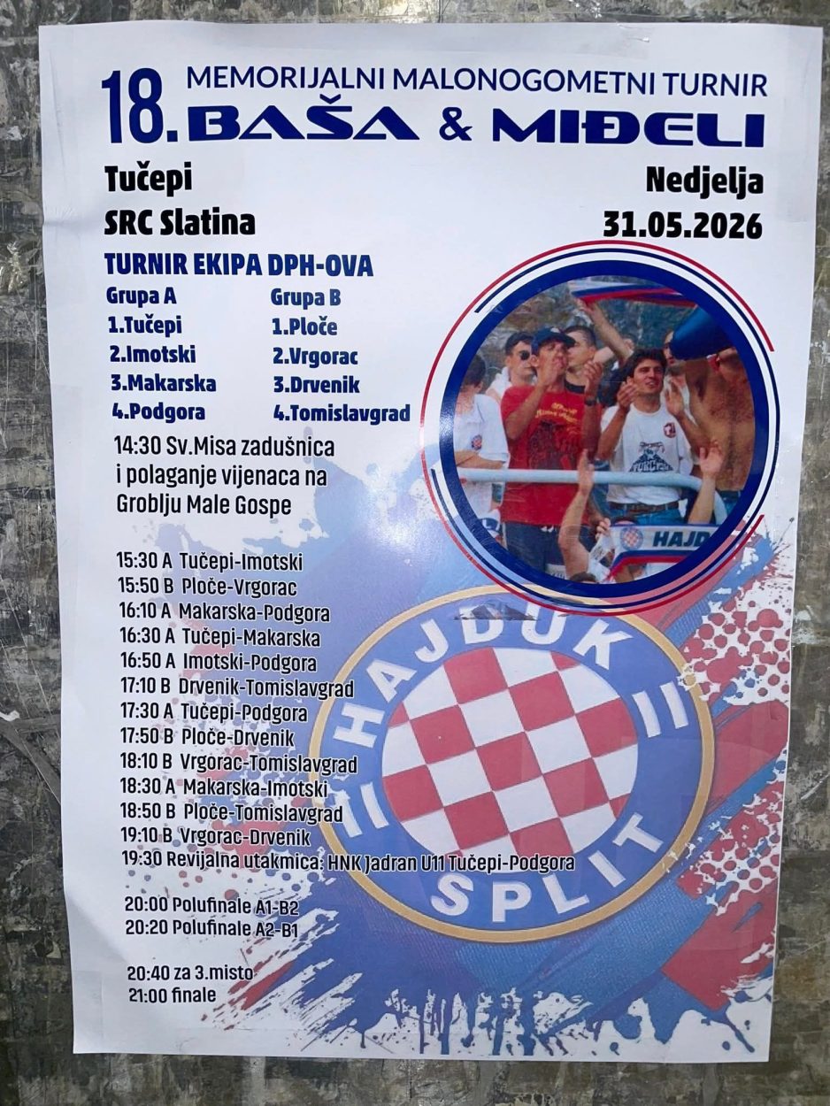 NEDJELJA 31.5. OD 15:30 Memorijalni malonogometni turnir “Baša i Miđeli” u Tučepima