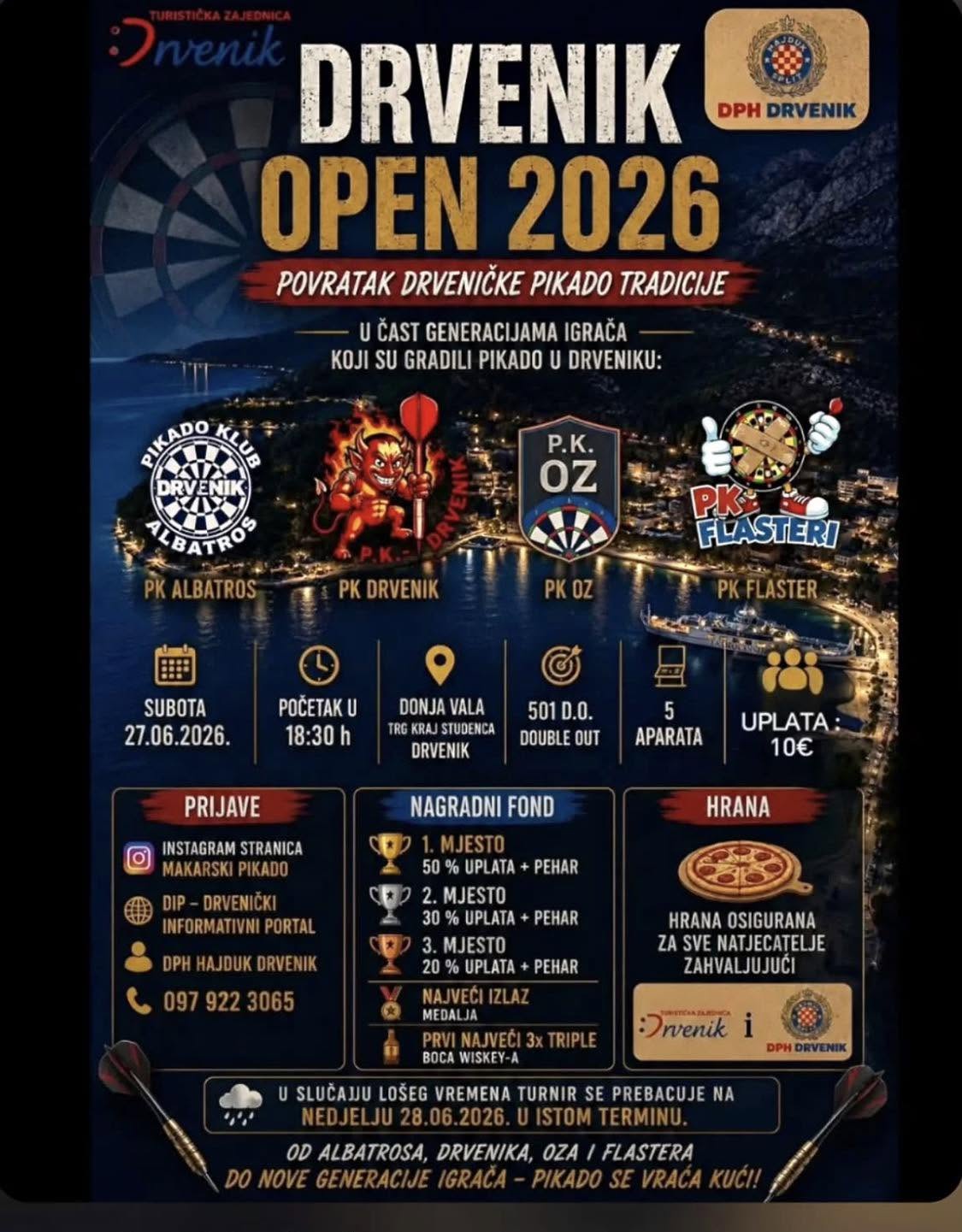 SUBOTA, 27. LIPNJA OD 18:30 Drvenik Open 2026 vraća pikado tradiciju u Donju valu