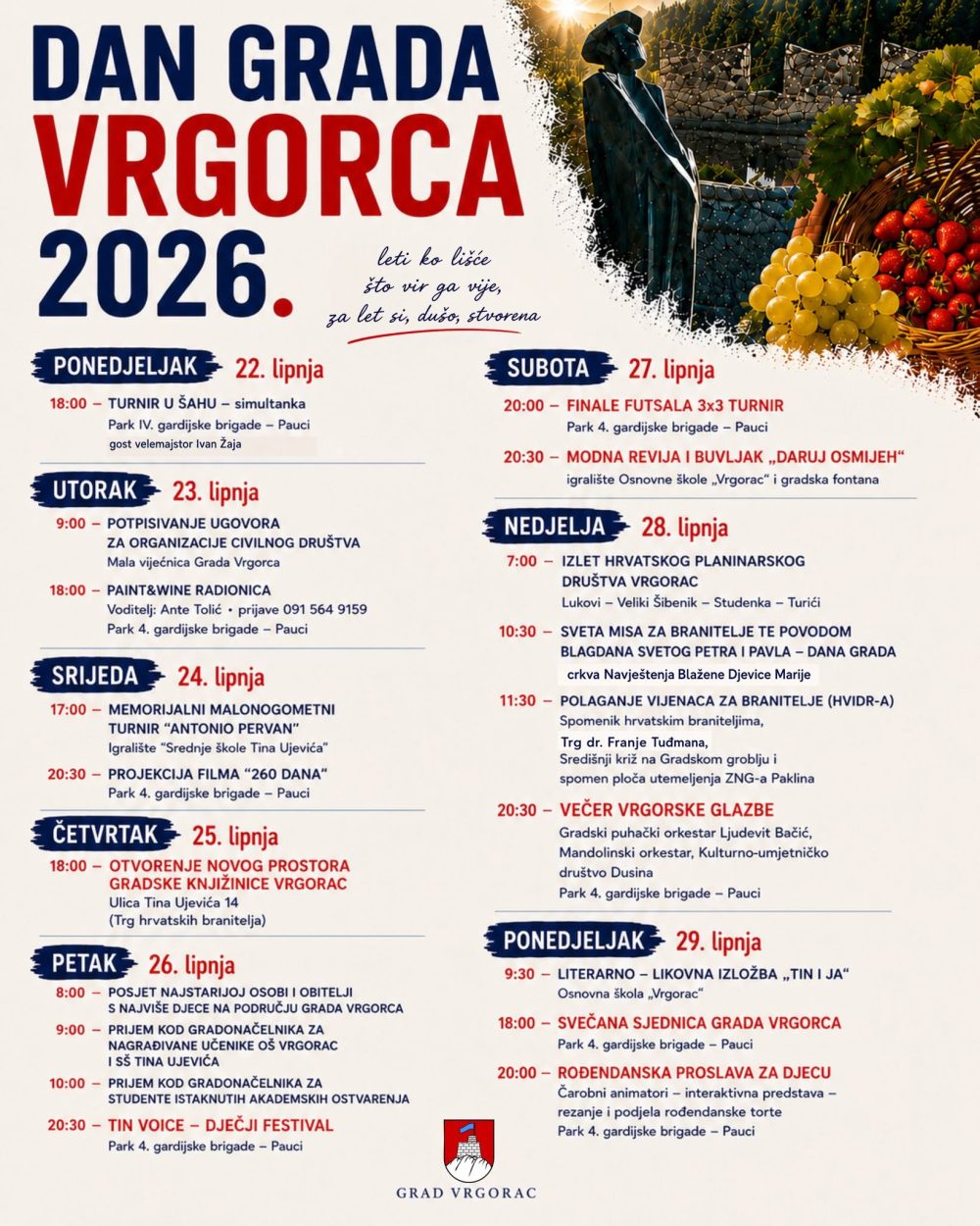 NEDJELJA, 28. LIPNJA  20:30 Večer vrgorske glazbe
