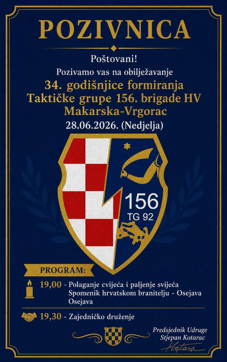 Sutra obilježavanje 34. godišnjice osnutka Taktičke grupe 156. brigade HV Makarska - Vrgorac