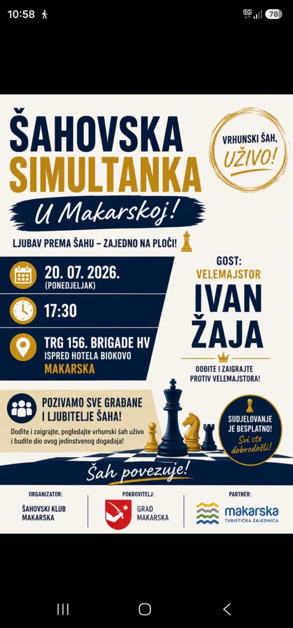 Šahovska simultanka, Makarska – 20. srpnja u 17:30 h