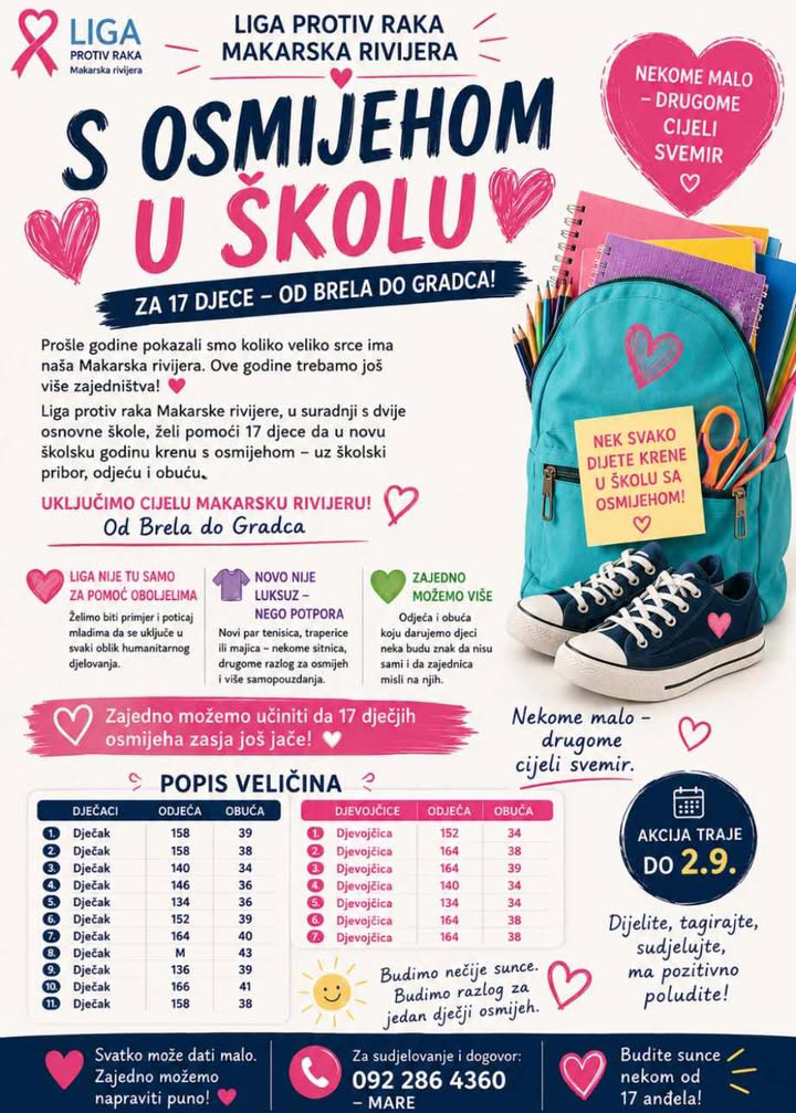 „S osmijehom u školu“: Makarska rivijera prikuplja odjeću, obuću i školski pribor za 17 djece