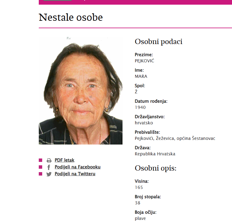 Nestala starija žena s područja Žeževice, policija građane mole za pomoć.