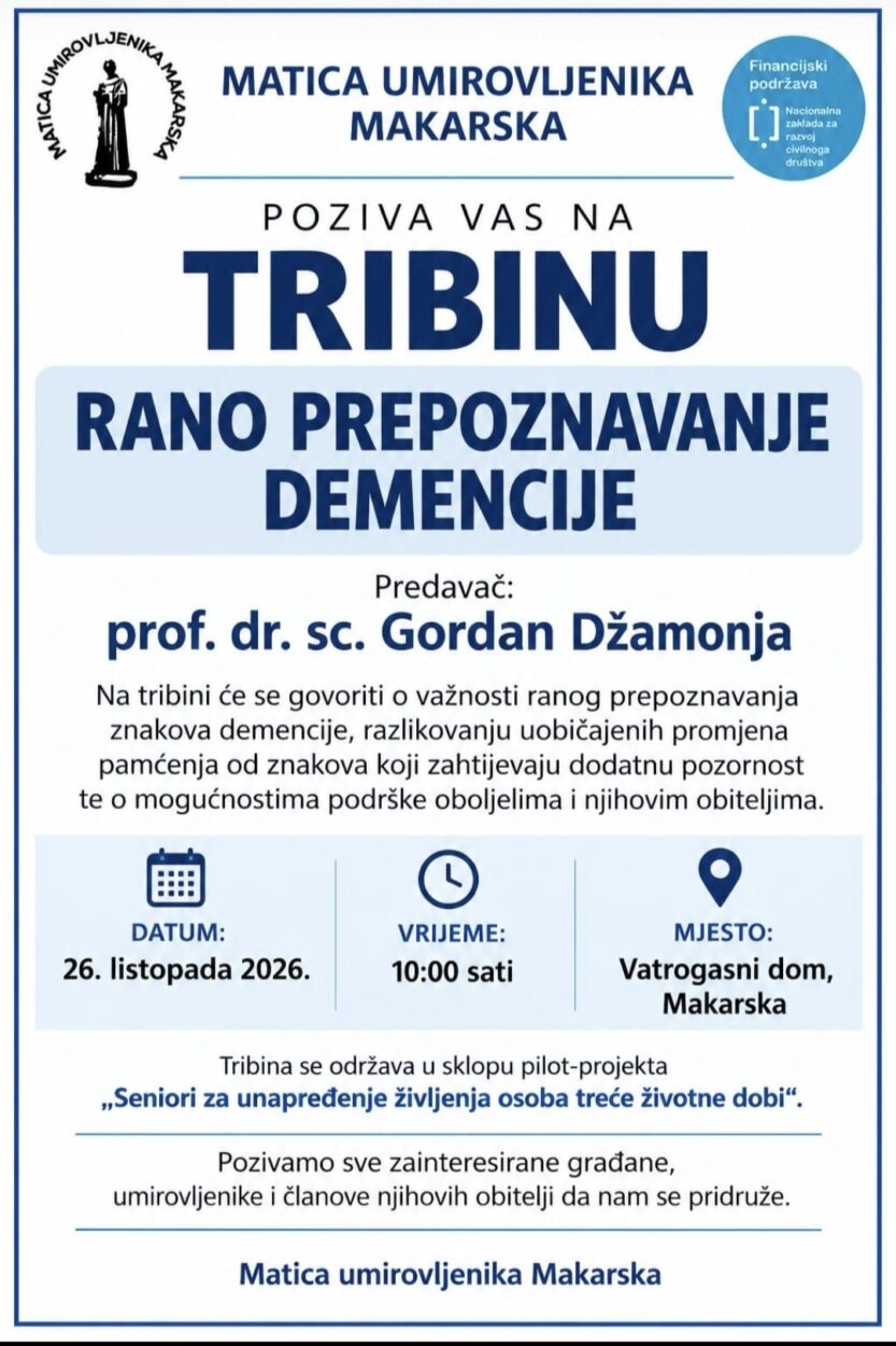 Kako prepoznati prve znakove demencije? U ponedjeljak stručna tribina u Makarskoj